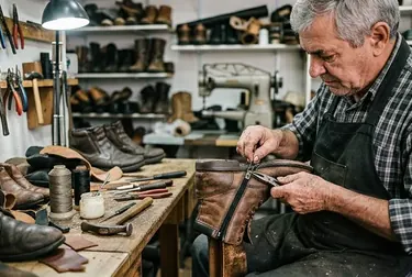 Bota com zíper sendo consertado por um sapateiro em Almirante Tamandaré.