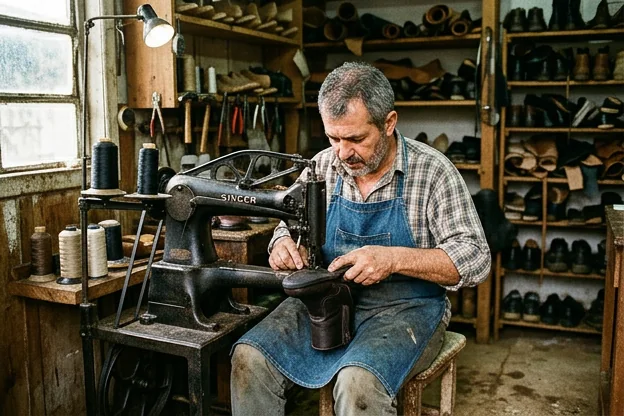 Sapateiro costurando um calçado, evidenciando o trabalho manual e técnico em Almirante Tamandaré.